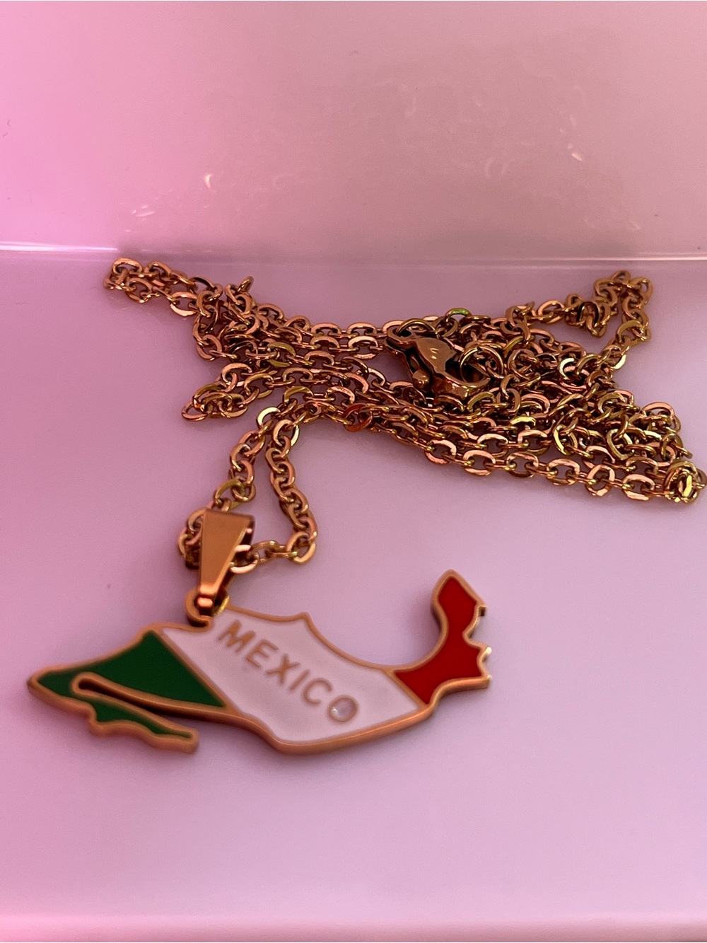Stainless Steel Gold Mexico Map Pendant Necklace with Green, White, Red Enamel